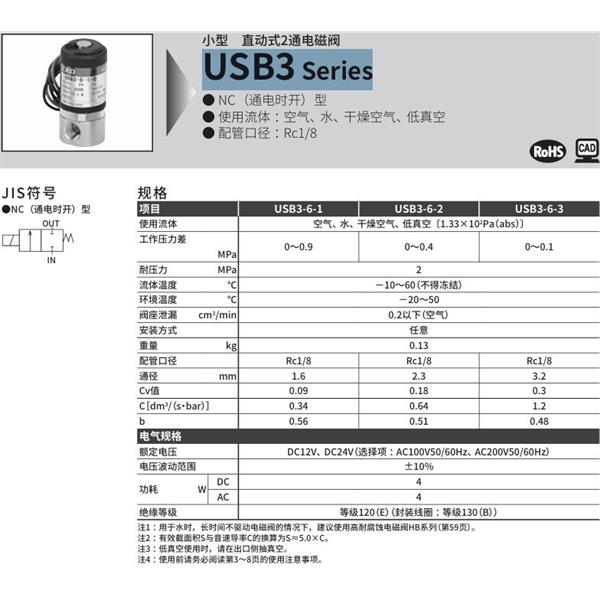 CKD喜開理多種流體小型直動(dòng)式2通電磁閥USB3-6-3-B-DC24V
