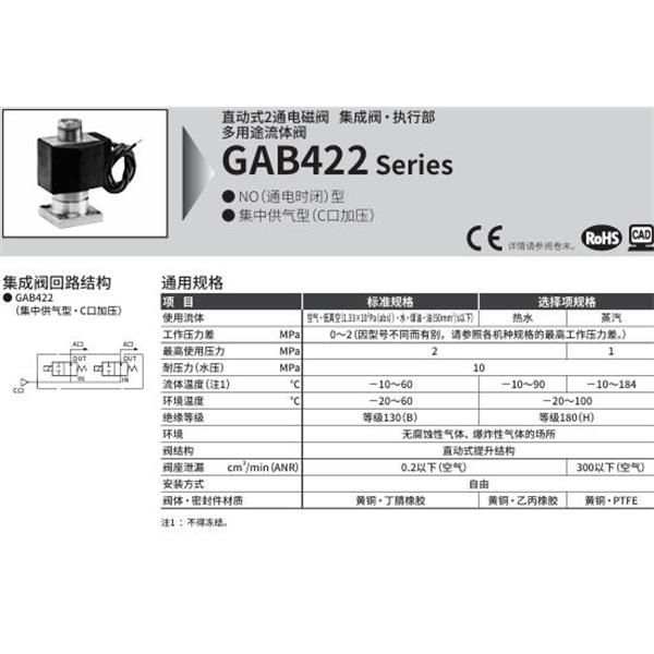 CKD喜開理多種流體直動(dòng)式2通電磁集成閥GAB422-1-0-AC100V