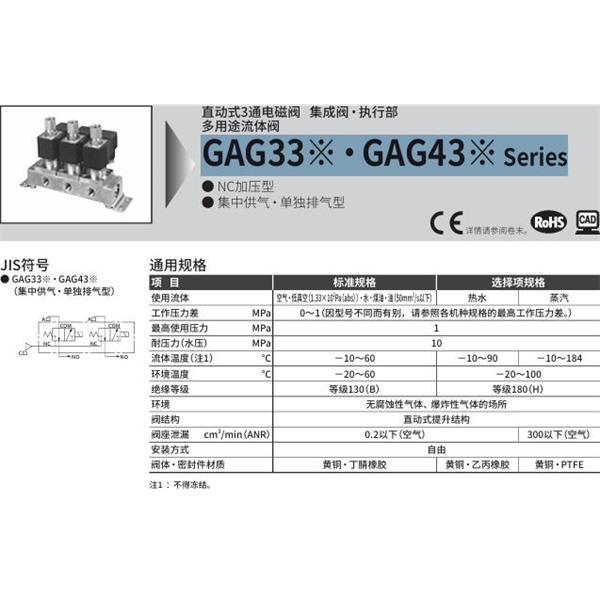 CKD喜開理多種流體直動式2通電磁集成閥GAG332-1-8-DC 24V