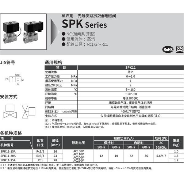 CKD喜開理蒸汽用先導(dǎo)突跳式2通電磁閥SPK11-15A-K4A-AC100V