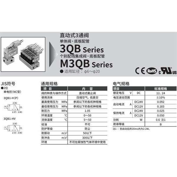CKD喜開理直動(dòng)式3通電磁閥3QB119-M5-D20H-3