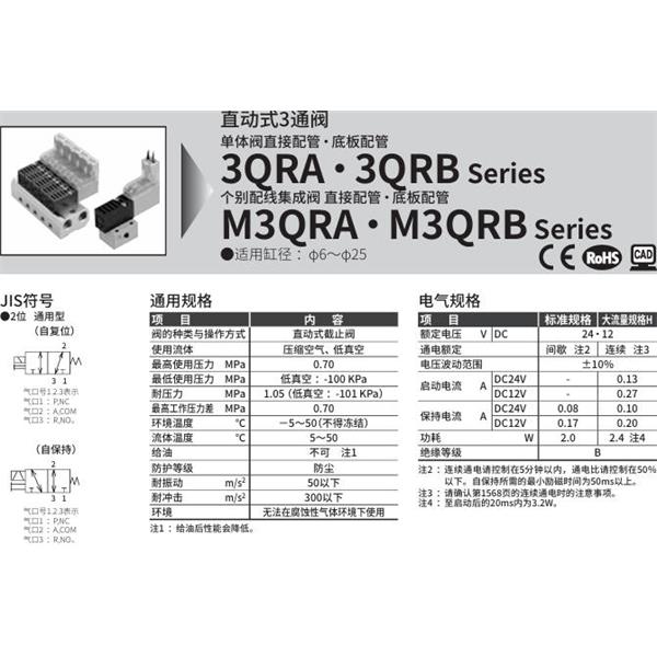 CKD喜開理直動式3通電磁閥3QRB110-M5-D21-4