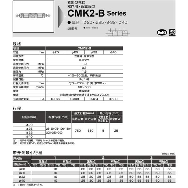 CKD喜開(kāi)理緊固型氣缸CMK2-B-00-20-25-25-JI