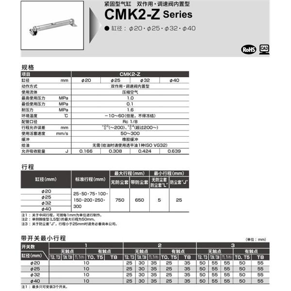 CKD喜開(kāi)理緊固型氣缸CMK2-Z-CC-25-100-T0H-R-JI